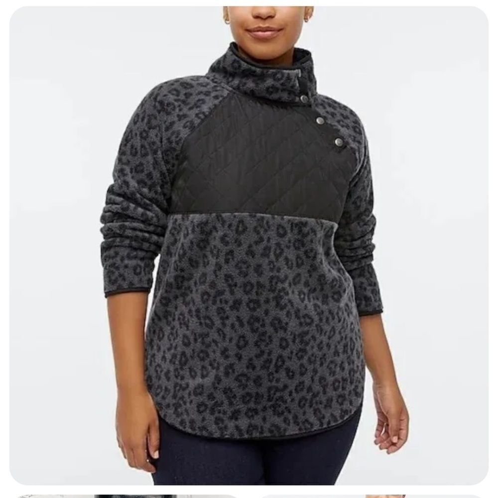 J Crew Quilted Button-Neck Sherpa fleece Tunic Medium black gray Leopard‎ BA200